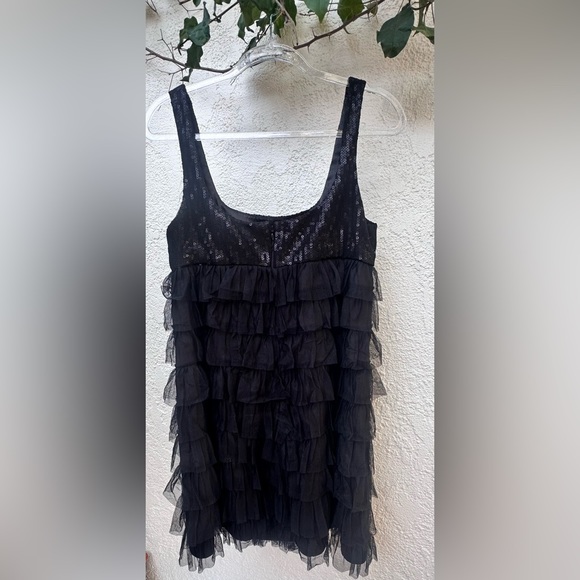 Black Sequin & Layered Mesh Ruffle Cocktail Dress - Picture 2 of 5